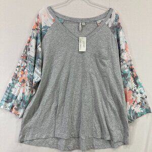 New Live Well Life Style Top size 22/24W Gray Floral Raglan Sleeve Stretch Knit